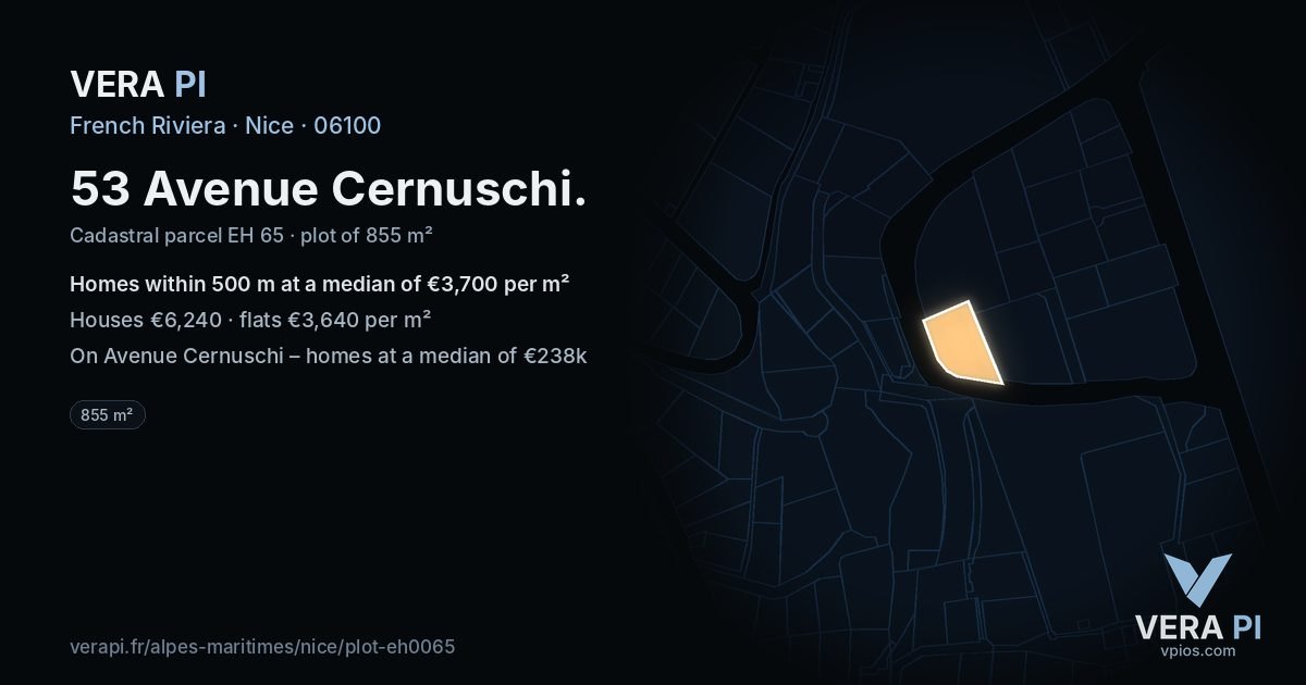 53 Avenue Cernuschi, Nice at night – the plot lit, the parcels around coloured by the prices near them