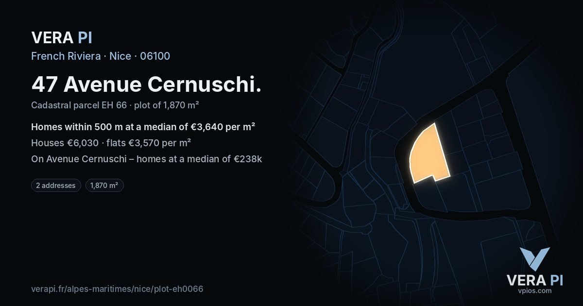 47 Avenue Cernuschi, Nice at night – the plot lit, the parcels around coloured by the prices near them