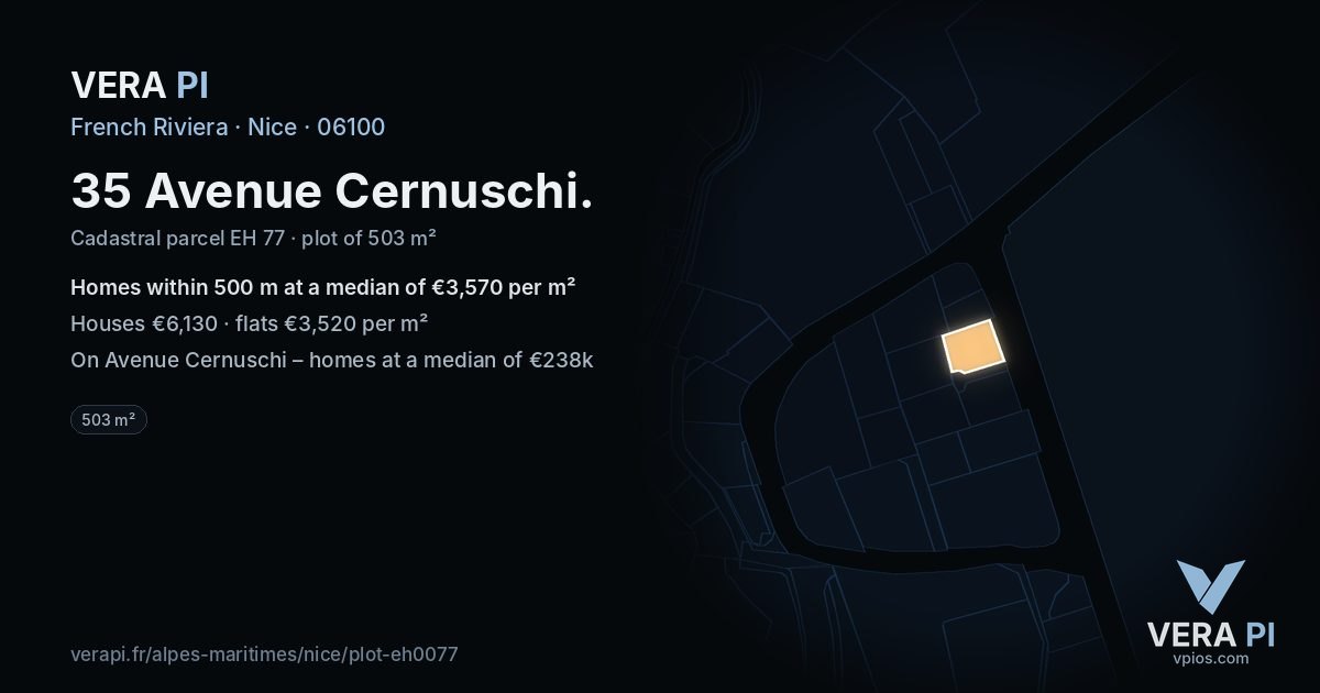 35 Avenue Cernuschi, Nice at night – the plot lit, the parcels around coloured by the prices near them