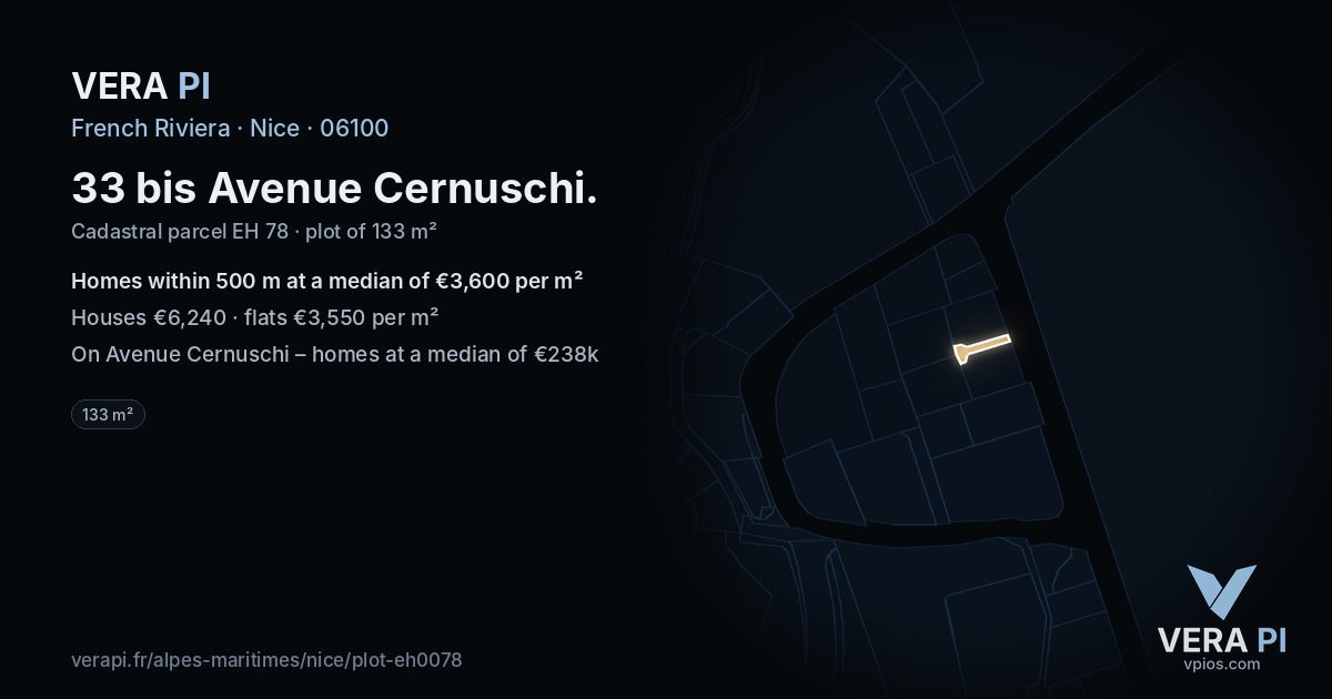 33 bis Avenue Cernuschi, Nice at night – the plot lit, the parcels around coloured by the prices near them