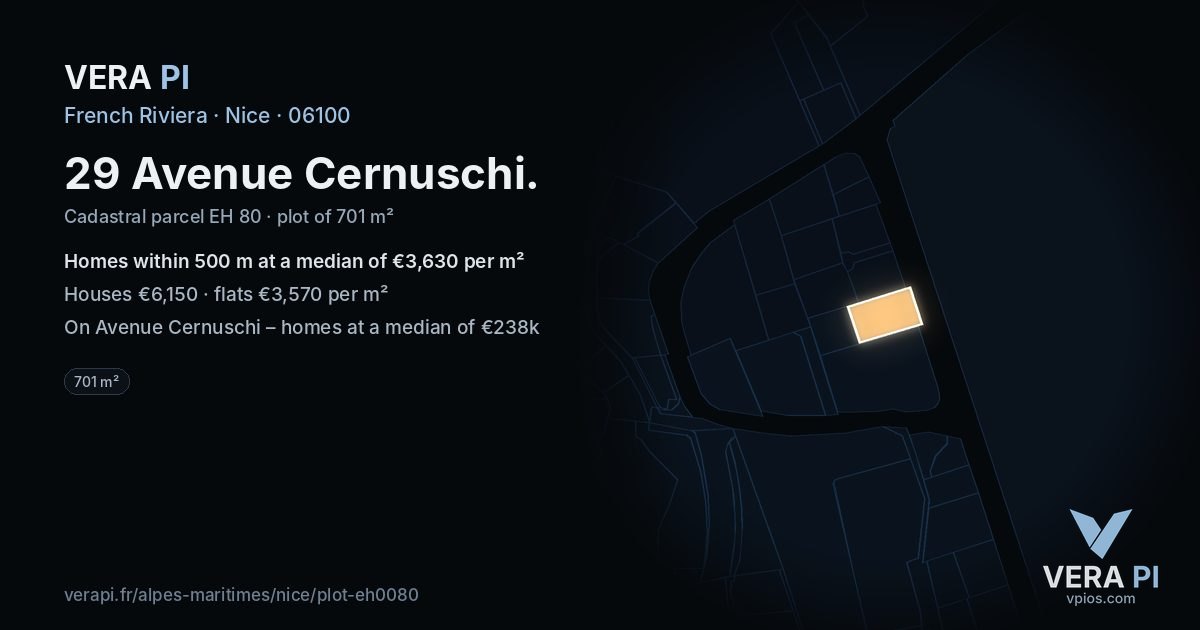 29 Avenue Cernuschi, Nice at night – the plot lit, the parcels around coloured by the prices near them