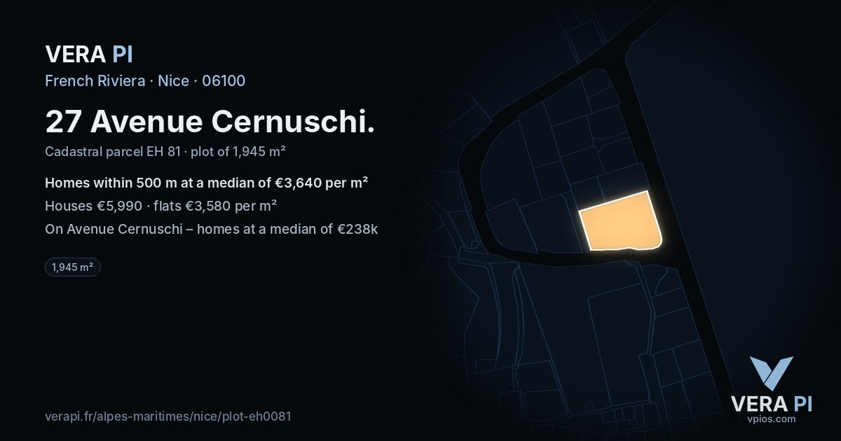 27 Avenue Cernuschi, Nice at night – the plot lit, the parcels around coloured by the prices near them