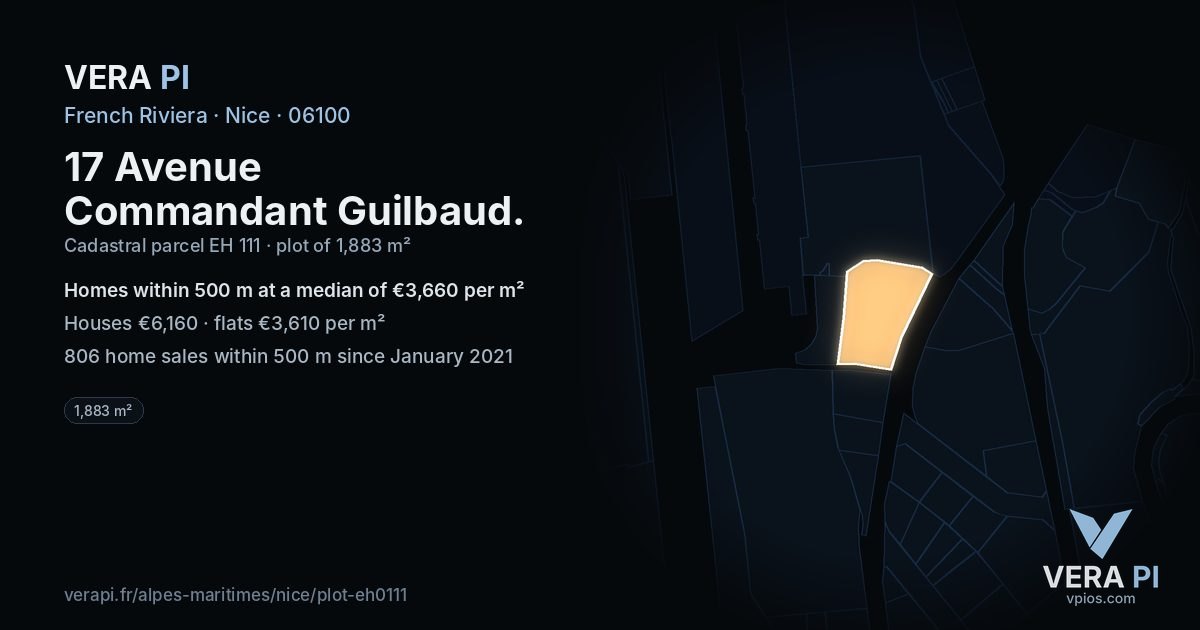 17 Avenue Commandant Guilbaud, Nice at night – the plot lit, the parcels around coloured by the prices near them