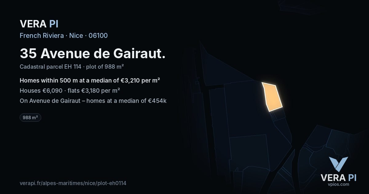 35 Avenue de Gairaut, Nice at night – the plot lit, the parcels around coloured by the prices near them