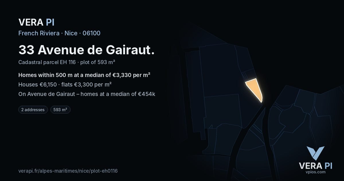 33 Avenue de Gairaut, Nice at night – the plot lit, the parcels around coloured by the prices near them