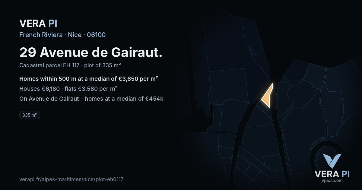 29 Avenue de Gairaut, Nice at night – the plot lit, the parcels around coloured by the prices near them