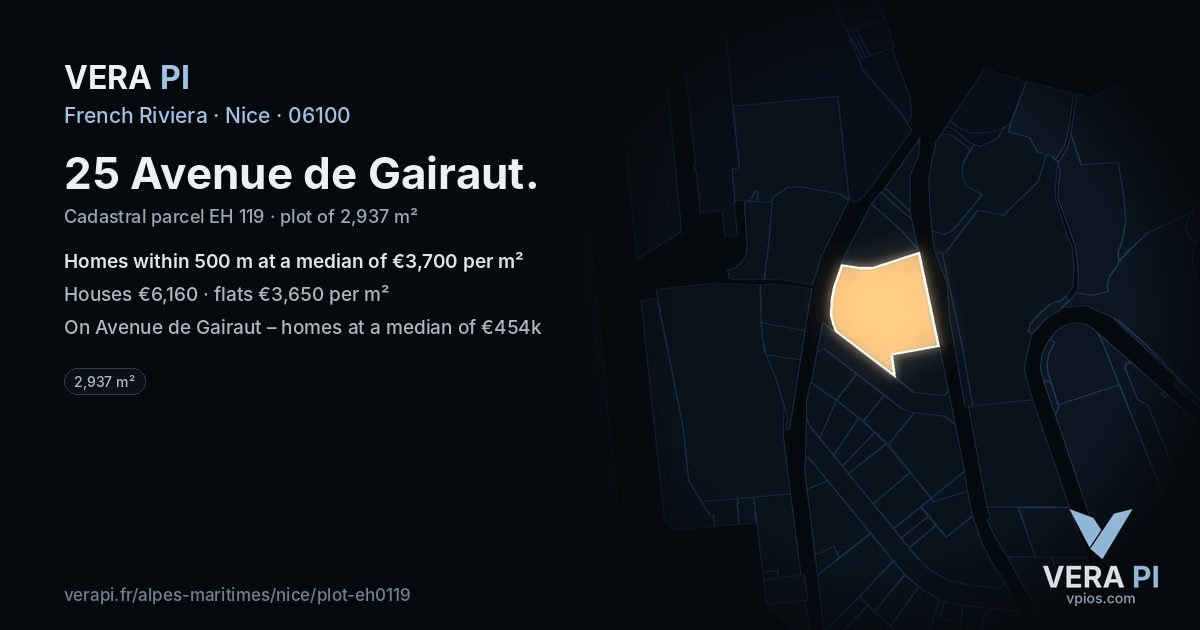 25 Avenue de Gairaut, Nice at night – the plot lit, the parcels around coloured by the prices near them