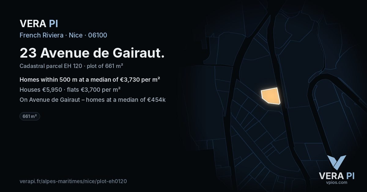 23 Avenue de Gairaut, Nice at night – the plot lit, the parcels around coloured by the prices near them