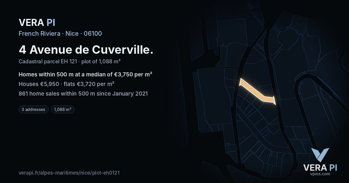 4 Avenue de Cuverville, Nice at night – the plot lit, the parcels around coloured by the prices near them