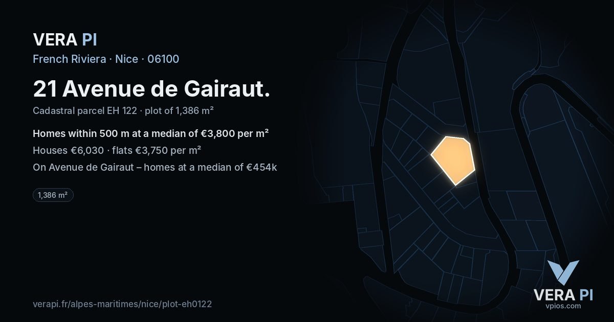 21 Avenue de Gairaut, Nice at night – the plot lit, the parcels around coloured by the prices near them