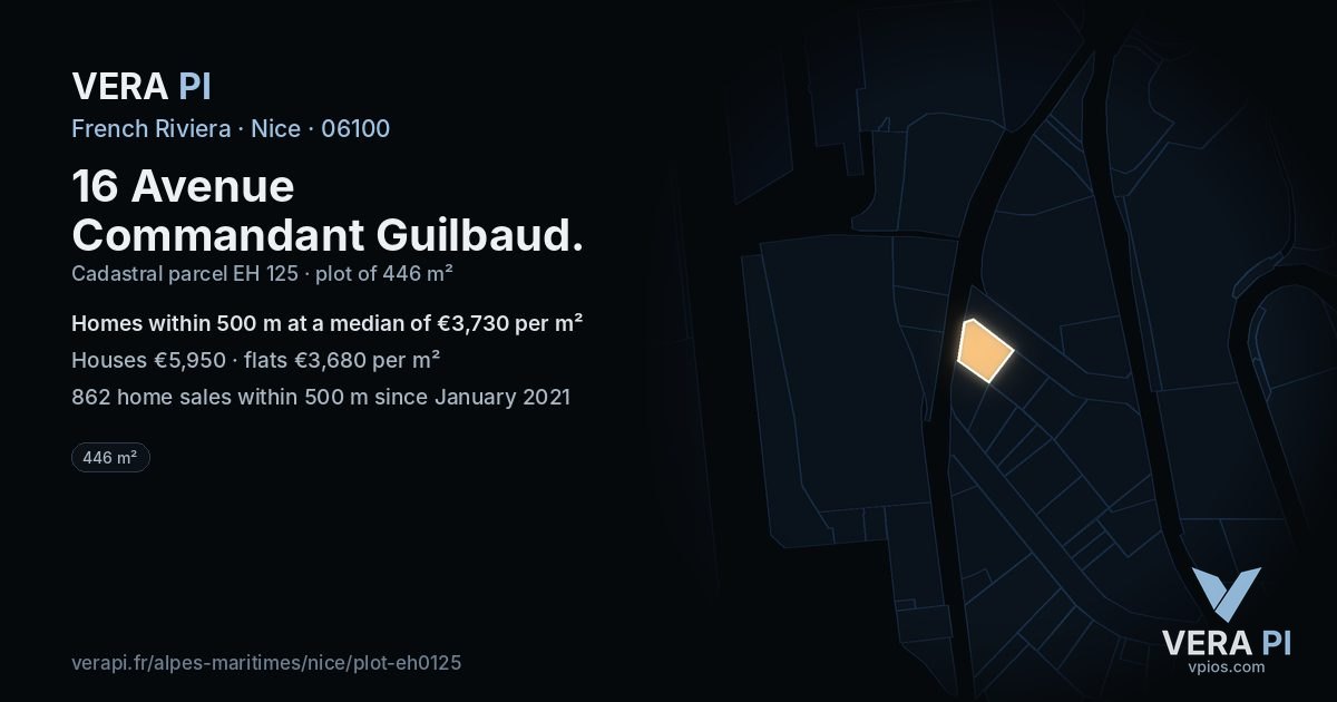 16 Avenue Commandant Guilbaud, Nice at night – the plot lit, the parcels around coloured by the prices near them