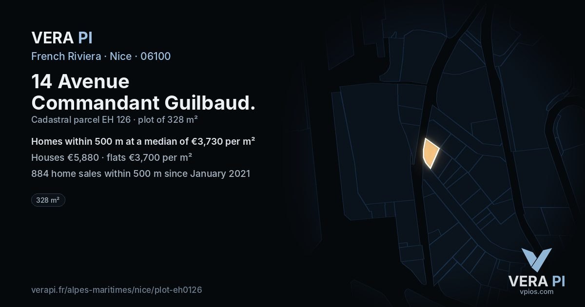 14 Avenue Commandant Guilbaud, Nice at night – the plot lit, the parcels around coloured by the prices near them