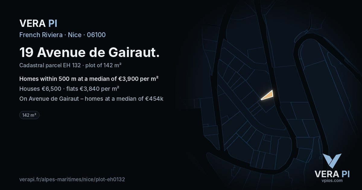 19 Avenue de Gairaut, Nice at night – the plot lit, the parcels around coloured by the prices near them