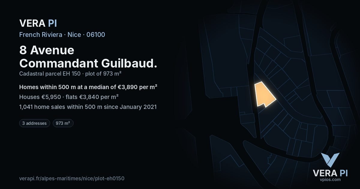 8 Avenue Commandant Guilbaud, Nice at night – the plot lit, the parcels around coloured by the prices near them