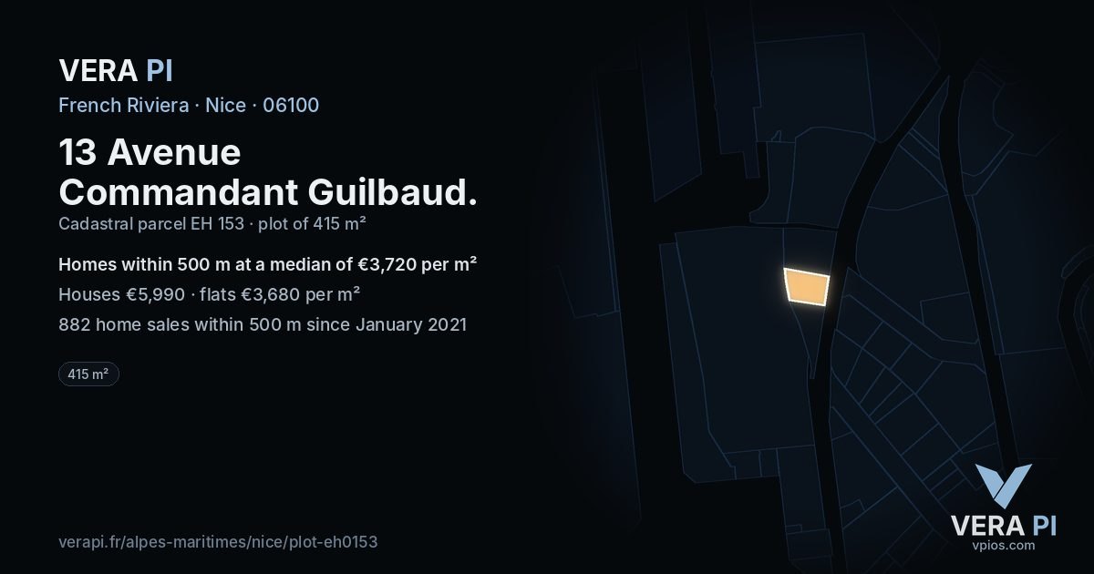 13 Avenue Commandant Guilbaud, Nice at night – the plot lit, the parcels around coloured by the prices near them
