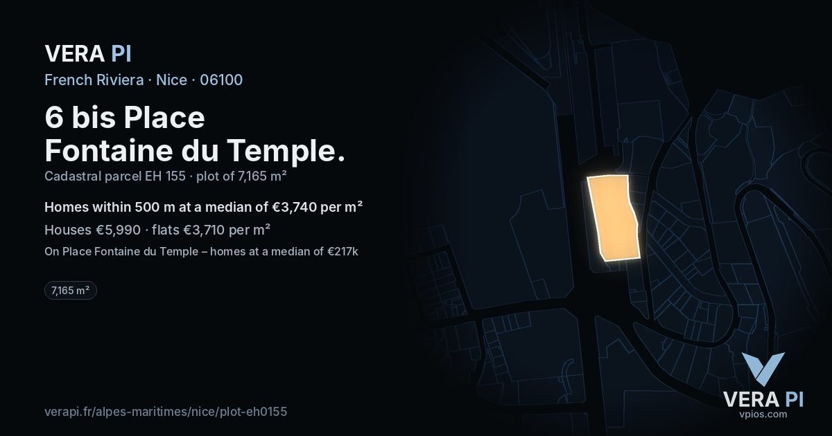 6 bis Place Fontaine du Temple, Nice at night – the plot lit, the parcels around coloured by the prices near them