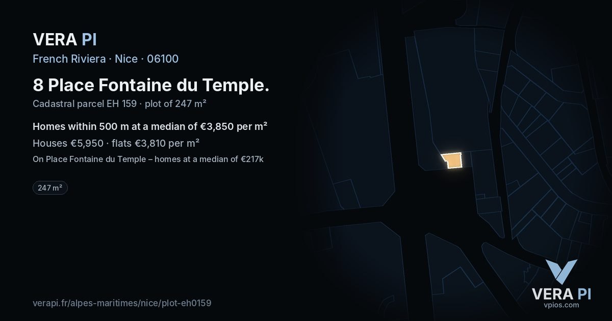 8 Place Fontaine du Temple, Nice at night – the plot lit, the parcels around coloured by the prices near them