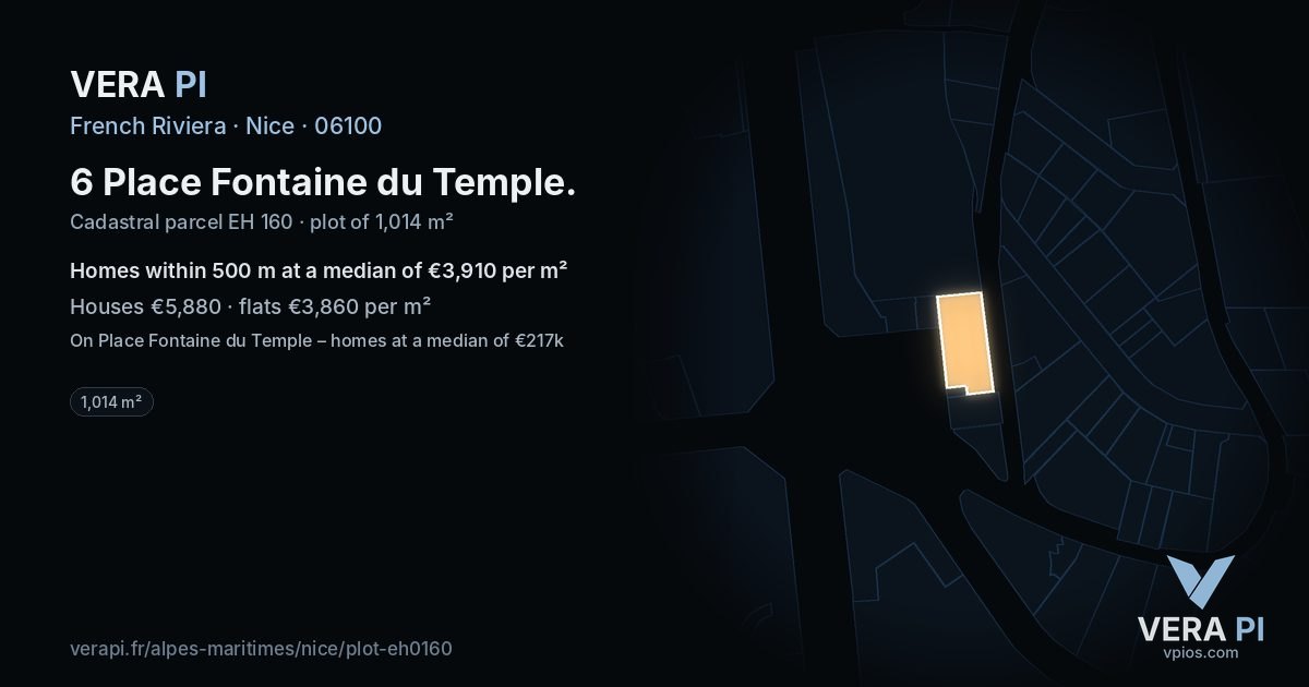 6 Place Fontaine du Temple, Nice at night – the plot lit, the parcels around coloured by the prices near them