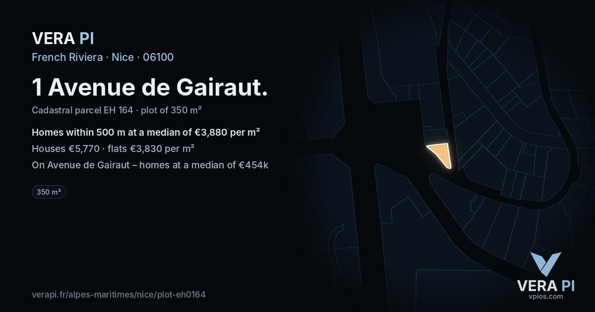 1 Avenue de Gairaut, Nice at night – the plot lit, the parcels around coloured by the prices near them