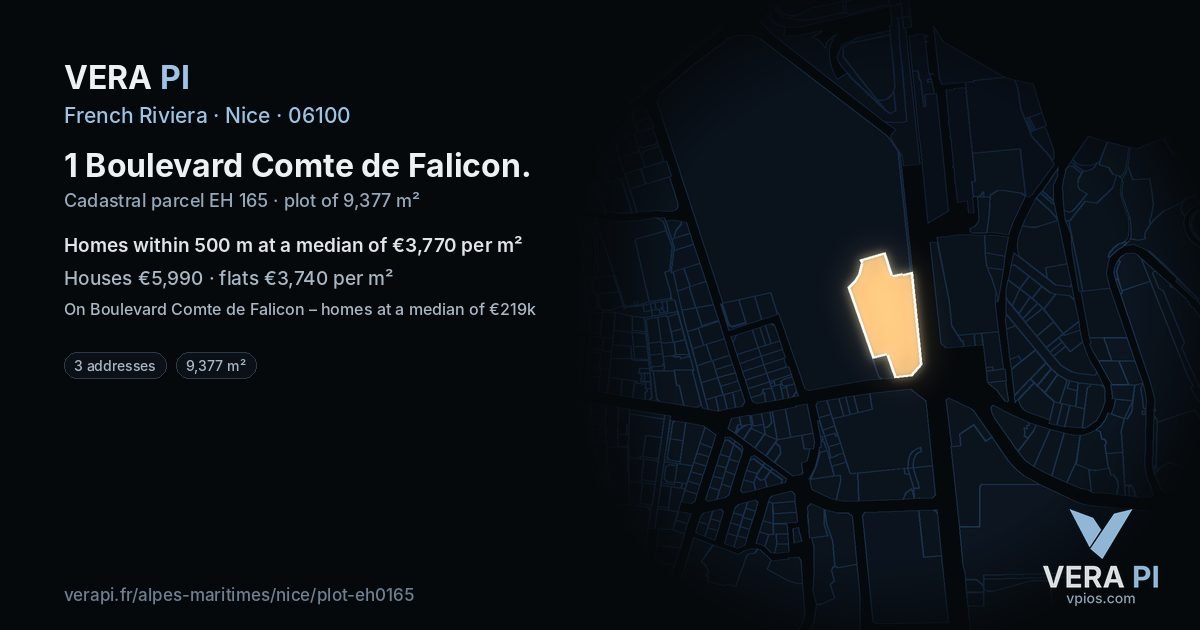 1 Boulevard Comte de Falicon, Nice at night – the plot lit, the parcels around coloured by the prices near them