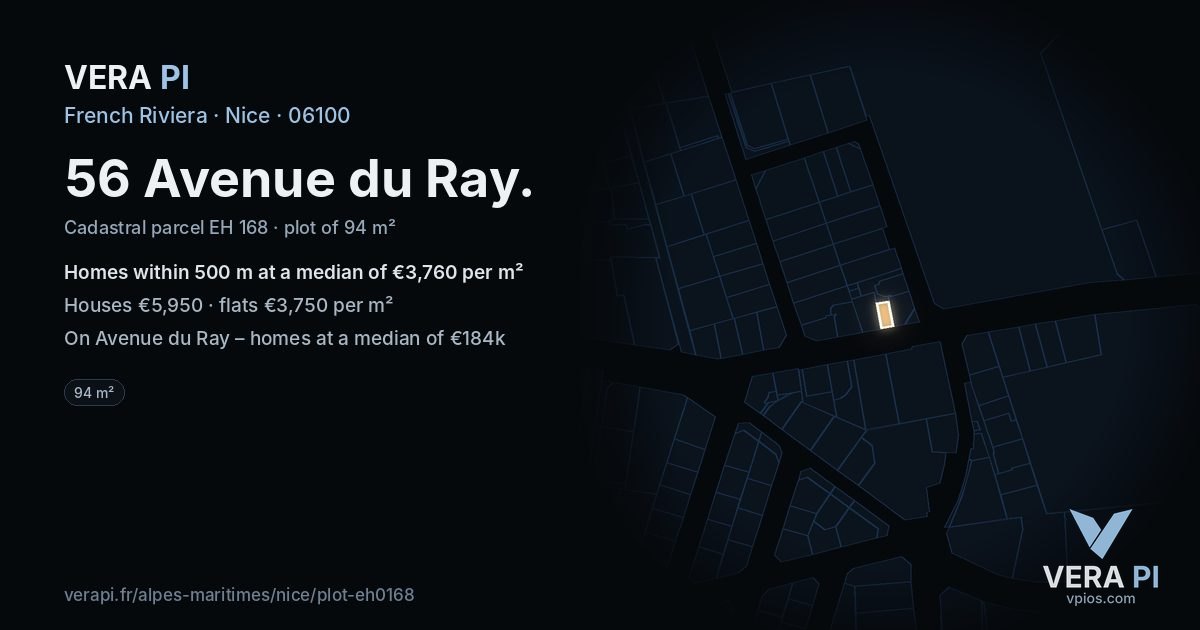 56 Avenue du Ray, Nice at night – the plot lit, the parcels around coloured by the prices near them