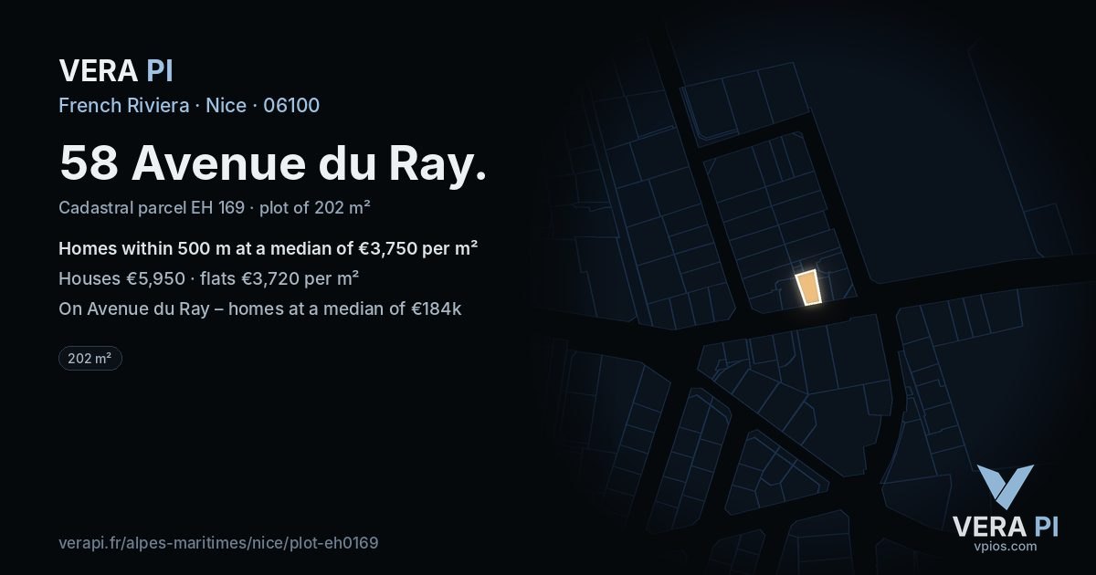 58 Avenue du Ray, Nice at night – the plot lit, the parcels around coloured by the prices near them