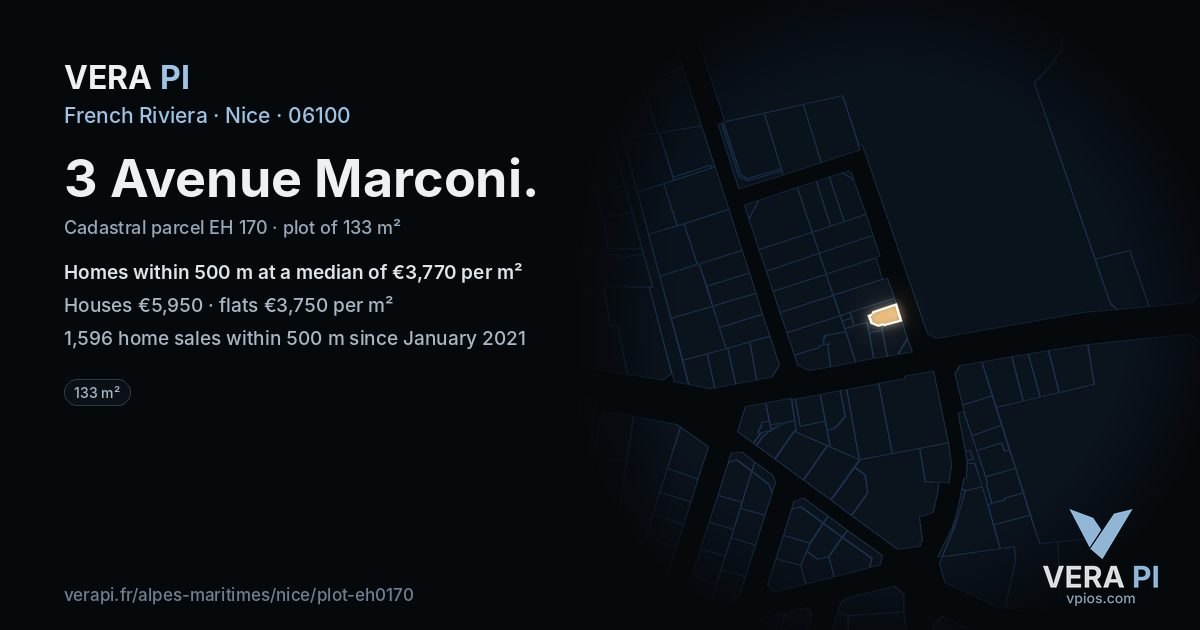 3 Avenue Marconi, Nice at night – the plot lit, the parcels around coloured by the prices near them