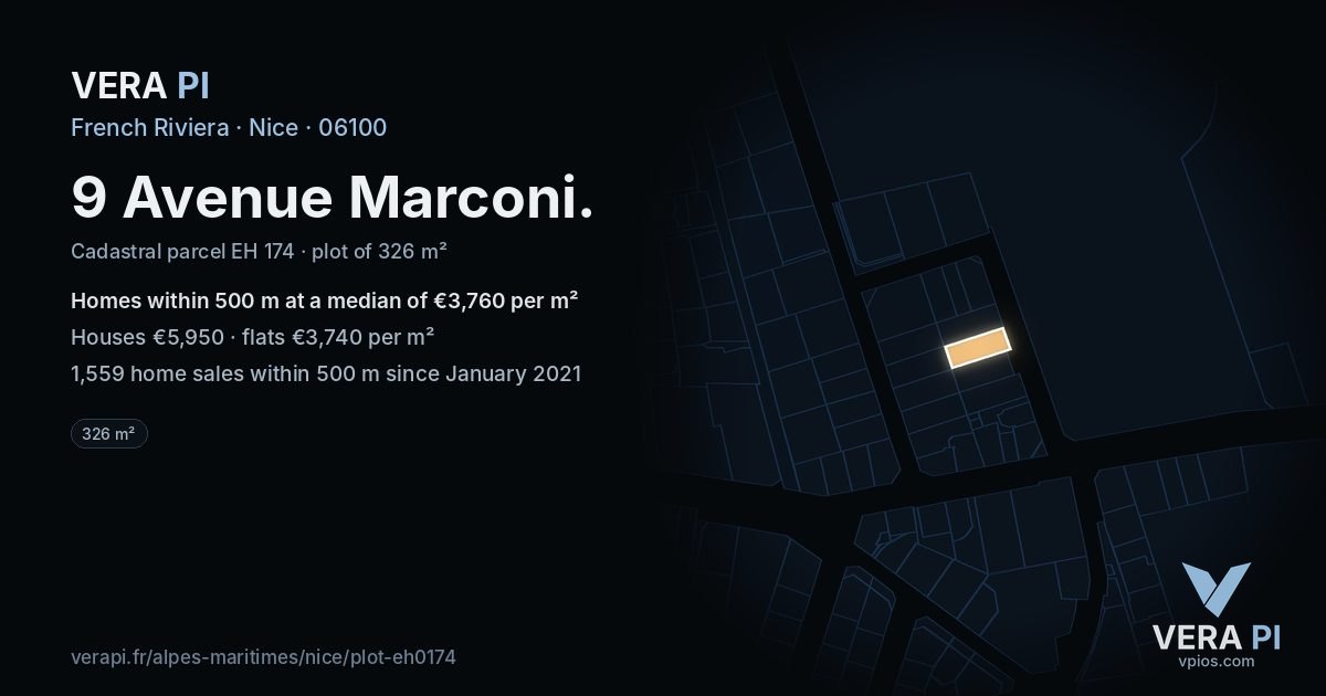 9 Avenue Marconi, Nice at night – the plot lit, the parcels around coloured by the prices near them