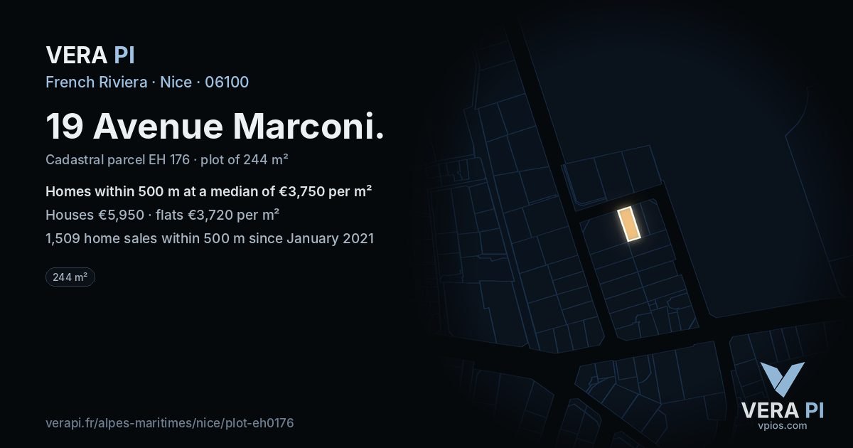 19 Avenue Marconi, Nice at night – the plot lit, the parcels around coloured by the prices near them