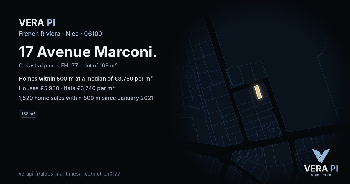 17 Avenue Marconi, Nice at night – the plot lit, the parcels around coloured by the prices near them