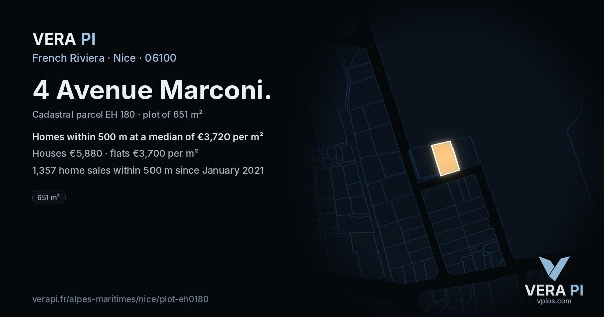 4 Avenue Marconi, Nice at night – the plot lit, the parcels around coloured by the prices near them