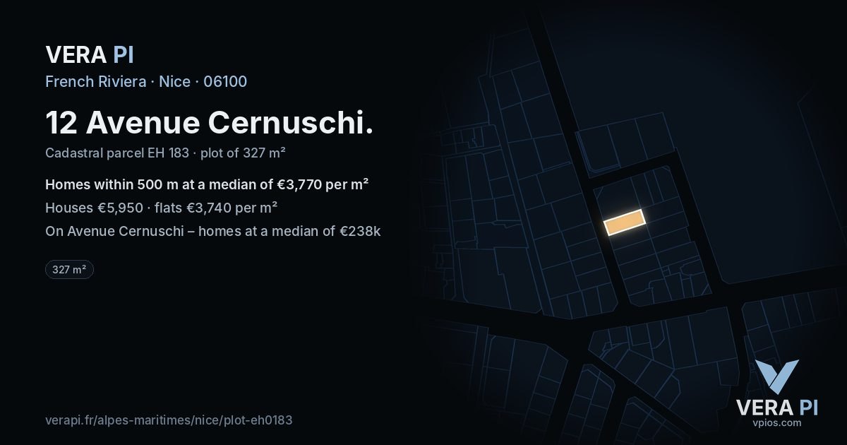 12 Avenue Cernuschi, Nice at night – the plot lit, the parcels around coloured by the prices near them