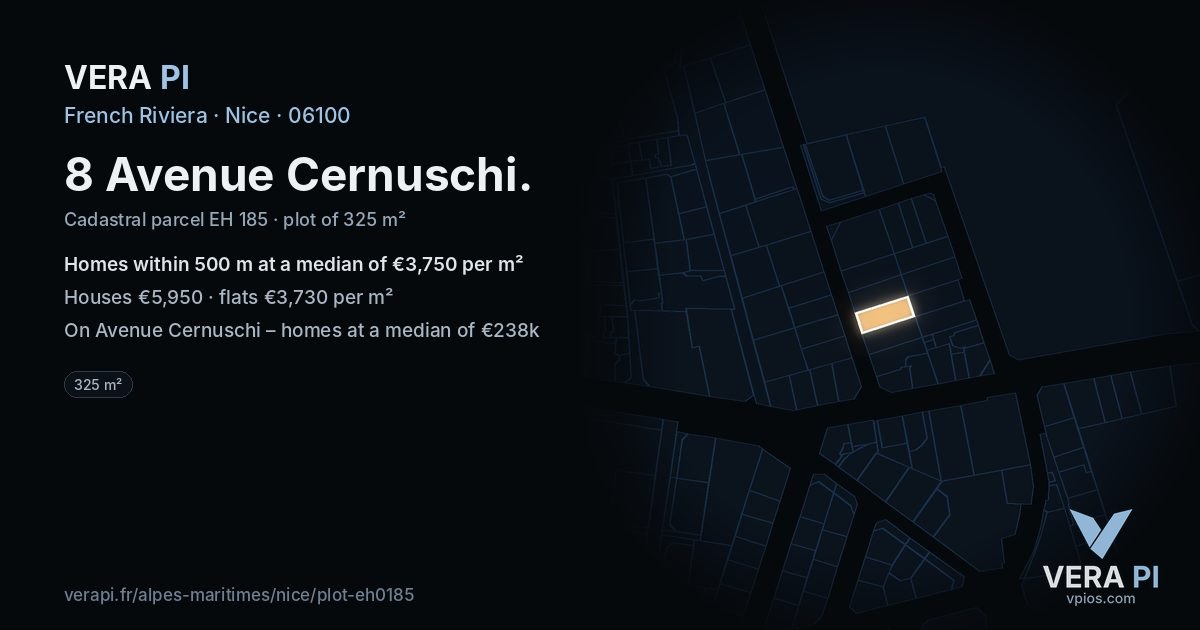 8 Avenue Cernuschi, Nice at night – the plot lit, the parcels around coloured by the prices near them