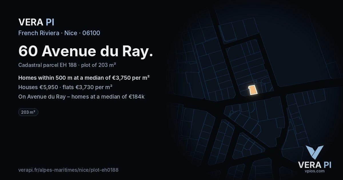 60 Avenue du Ray, Nice at night – the plot lit, the parcels around coloured by the prices near them