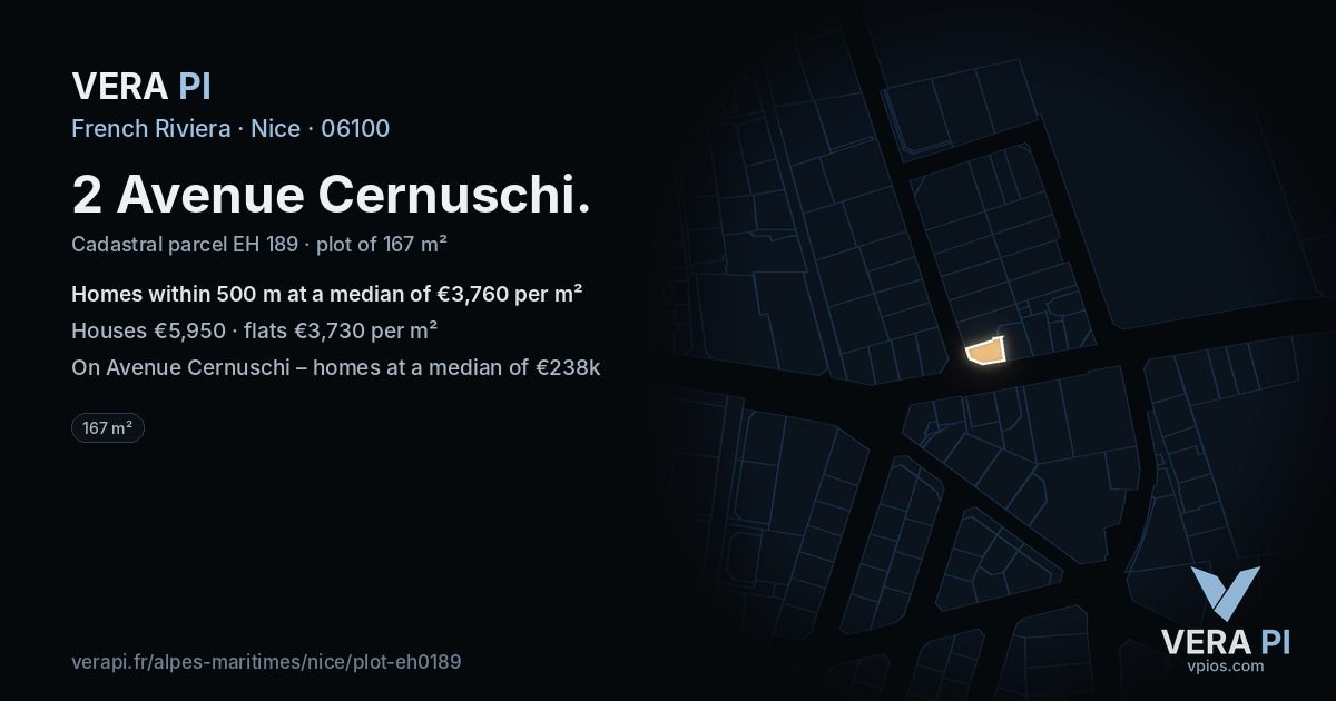 2 Avenue Cernuschi, Nice at night – the plot lit, the parcels around coloured by the prices near them