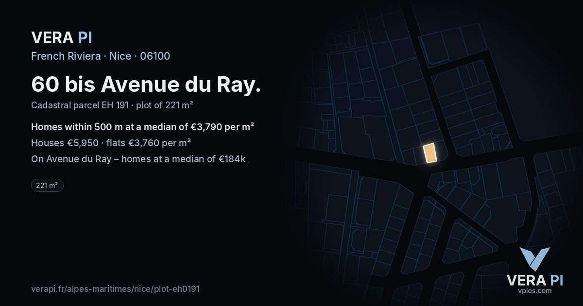 60 bis Avenue du Ray, Nice at night – the plot lit, the parcels around coloured by the prices near them