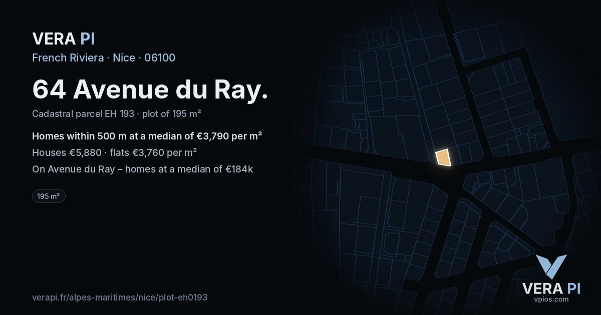 64 Avenue du Ray, Nice at night – the plot lit, the parcels around coloured by the prices near them