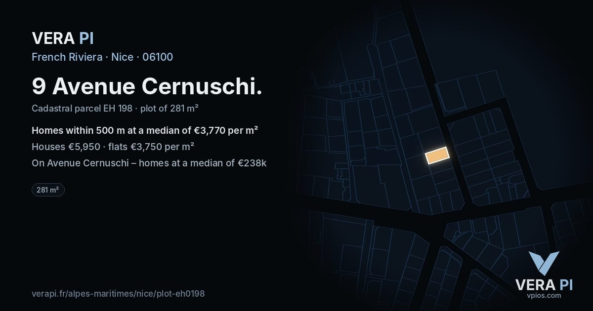 9 Avenue Cernuschi, Nice at night – the plot lit, the parcels around coloured by the prices near them