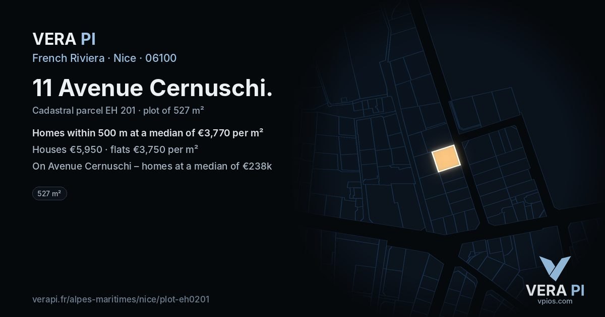 11 Avenue Cernuschi, Nice at night – the plot lit, the parcels around coloured by the prices near them