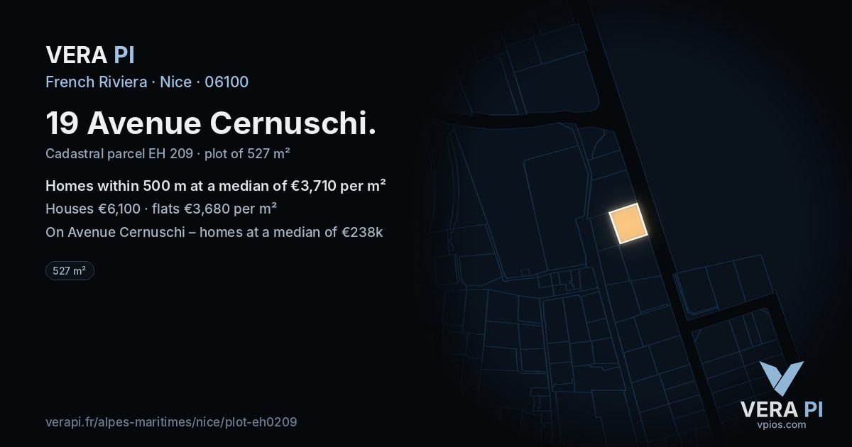 19 Avenue Cernuschi, Nice at night – the plot lit, the parcels around coloured by the prices near them