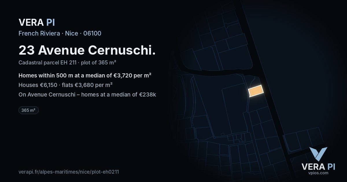 23 Avenue Cernuschi, Nice at night – the plot lit, the parcels around coloured by the prices near them