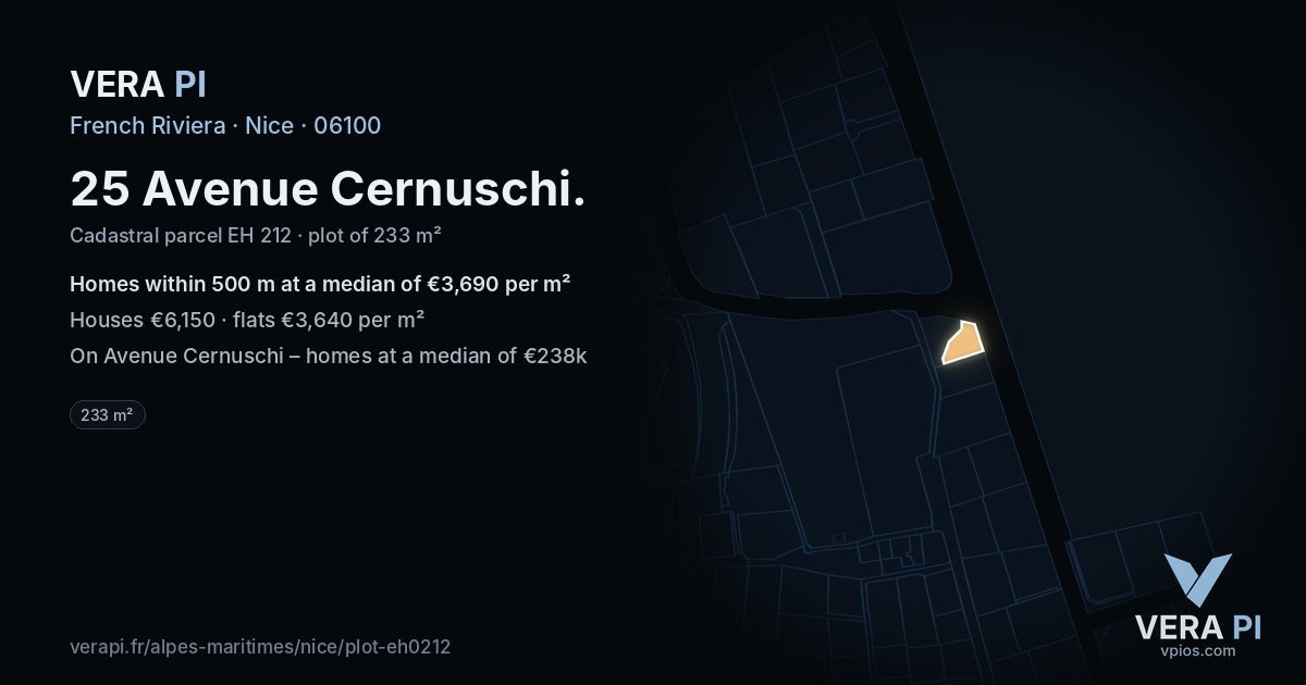 25 Avenue Cernuschi, Nice at night – the plot lit, the parcels around coloured by the prices near them