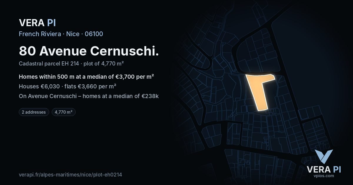 80 Avenue Cernuschi, Nice at night – the plot lit, the parcels around coloured by the prices near them
