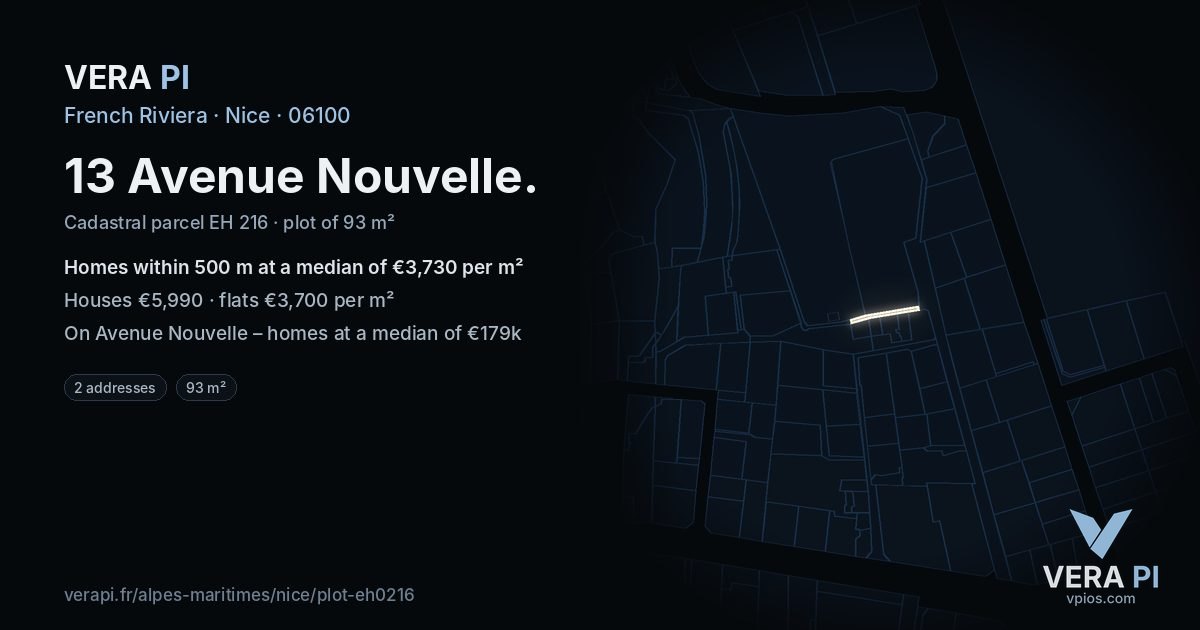 13 Avenue Nouvelle, Nice at night – the plot lit, the parcels around coloured by the prices near them