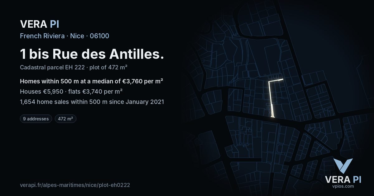 1 bis Rue des Antilles, Nice at night – the plot lit, the parcels around coloured by the prices near them