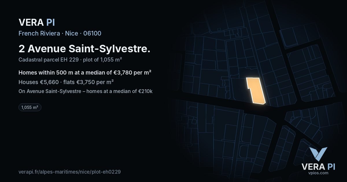 2 Avenue Saint-Sylvestre, Nice at night – the plot lit, the parcels around coloured by the prices near them