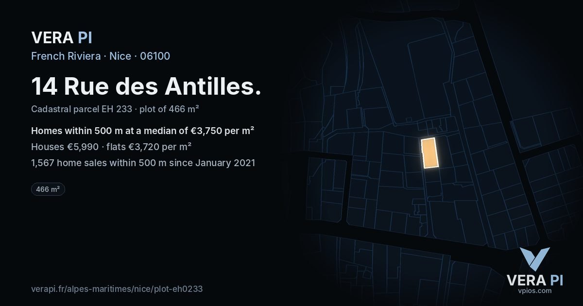 14 Rue des Antilles, Nice at night – the plot lit, the parcels around coloured by the prices near them