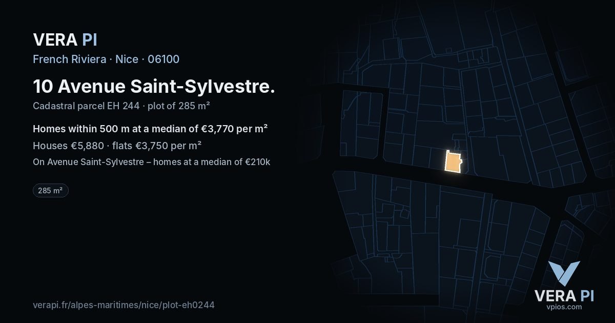 10 Avenue Saint-Sylvestre, Nice at night – the plot lit, the parcels around coloured by the prices near them