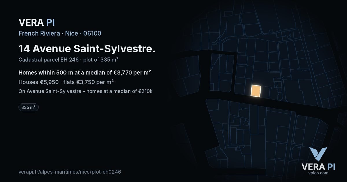 14 Avenue Saint-Sylvestre, Nice at night – the plot lit, the parcels around coloured by the prices near them