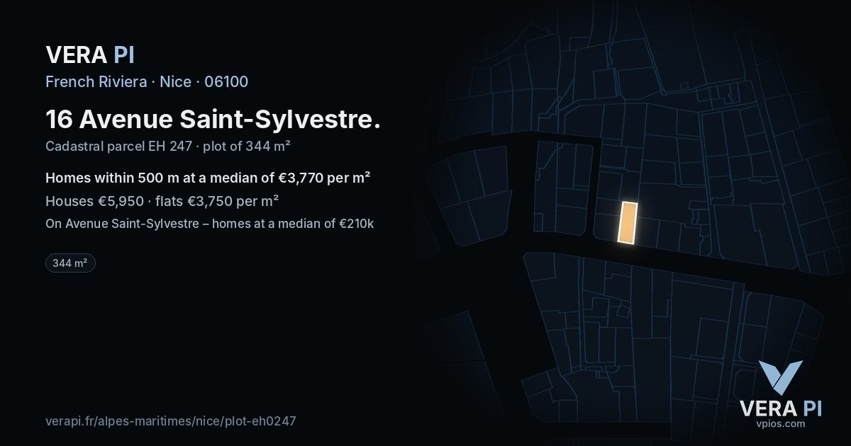 16 Avenue Saint-Sylvestre, Nice at night – the plot lit, the parcels around coloured by the prices near them